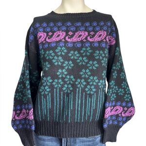 vintage Halston III floral abstract colorful grunge mock neck sweater. 100% WOOL